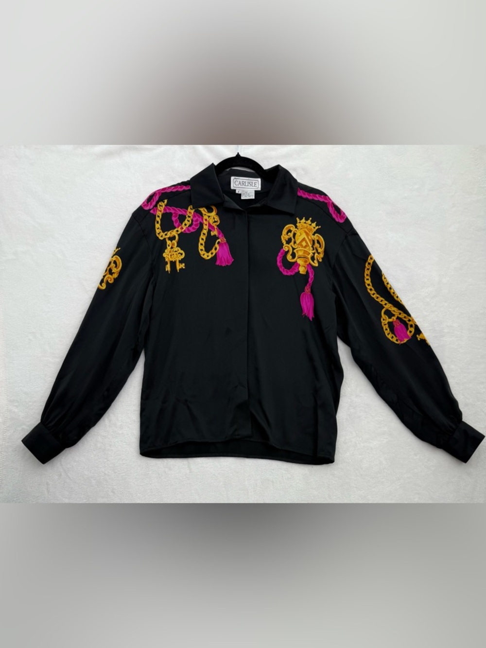 Vintage Carlisle black pink and gold Rope & Key Motif Silk Blouse size 4